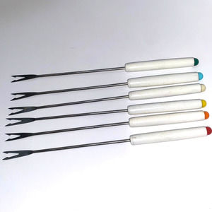 6 Fondue Forks Vintage MCM Wood White handle Color Tip Stainless Steel Japan